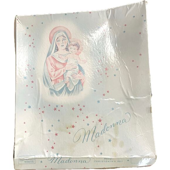Vintage Madonna Baby Boy Christening set. Onsie, vest, cap, tights, smock in box - Picture 8 of 8